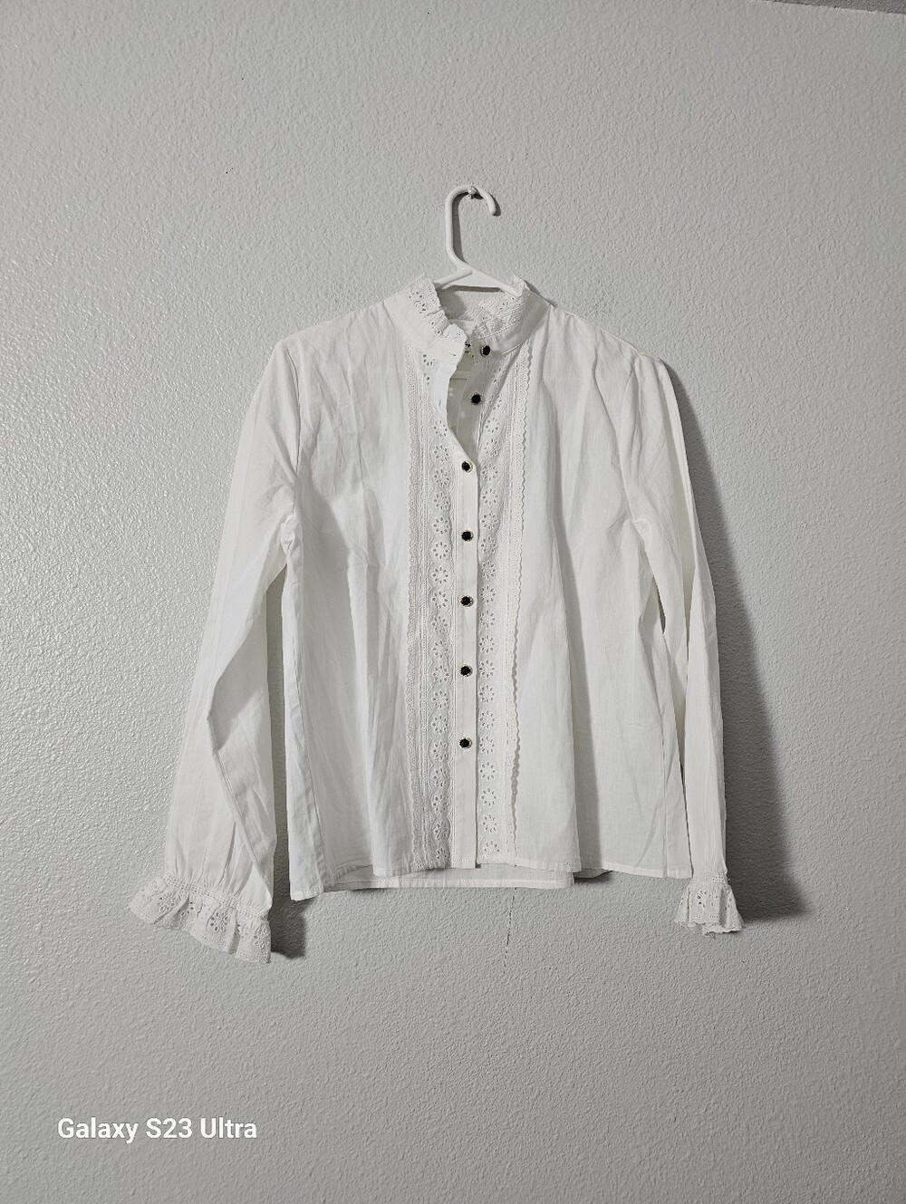 White Lace-Trim Cotton  Button Front Blouse Sz M